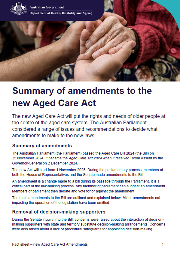 Image of the cover page for the Summary of amendments to the new Aged Care Act