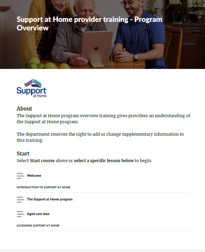 Cover page for the Support at Home provider training – Program Overview
