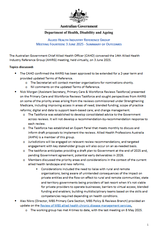 Allied Health Industry Reference Group – Summary of outcomes 3 June 2025 cover page