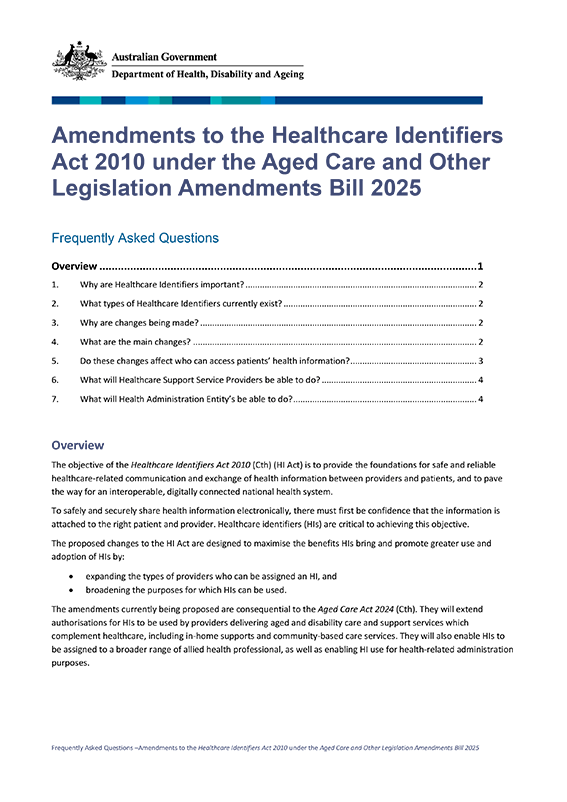 Amendments to the Healthcare Identifiers Act 2010 under the Aged Care and Other Legislation Amendments Bill 2025