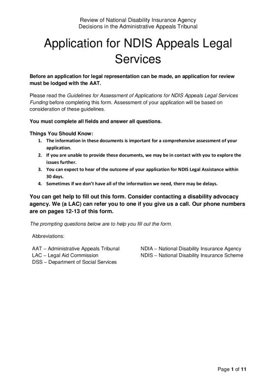 Application for NDIS Appeals Legal Services cover page