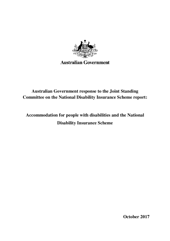 Australian Government response to Joint Standing Committee on the NDIS report: Accommodation for people with disabilities and the NDIS cover page