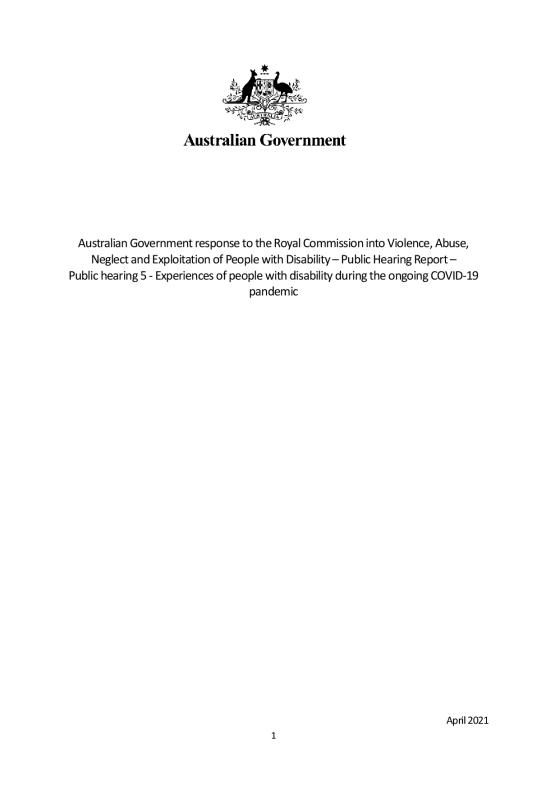 Australian Government response to Experiences of people with disability during the ongoing COVID-19 pandemic cover page