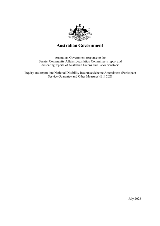 Australian Government response to the Inquiry and report into NDIS Amendment (Participant Service Guarantee and Other Measures) Bill 2021 cover page