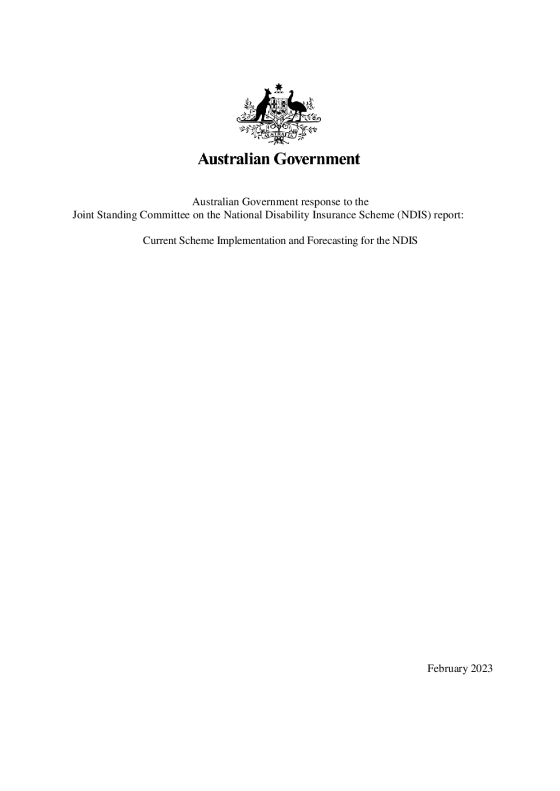 Australian Government response to the Joint Standing Committee on the National Disability Insurance Scheme (NDIS) report: Current Scheme Implementation and Forecasting for the NDIS cover page
