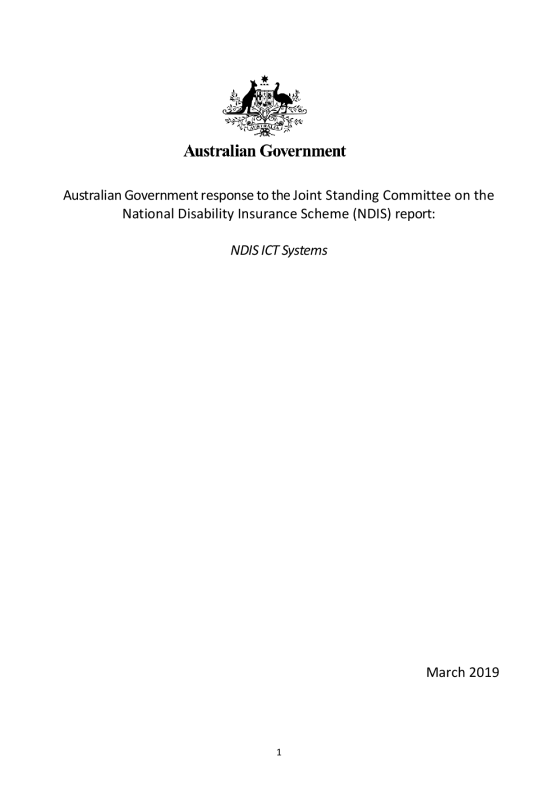 Australian Government response to the Joint Standing Committee on the National Disability Insurance Scheme (NDIS) report: NDIS ICT Systems cover page