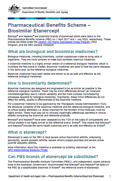 Cover page for the Biosimilar medicine fact sheet – etanercept