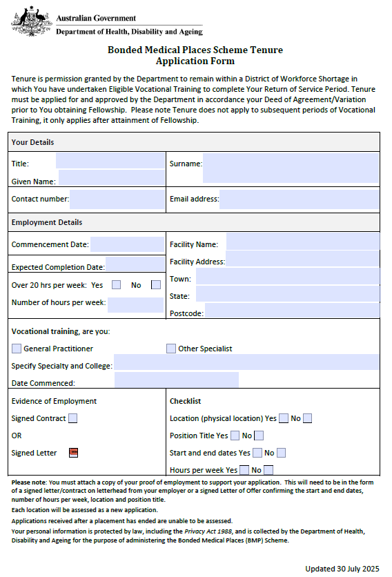 Cover page for the Tenure application form