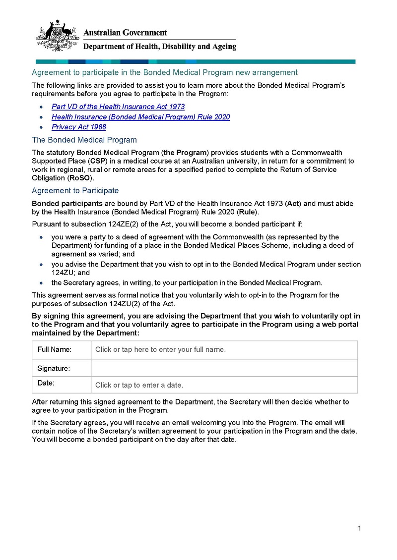 Cover page for the Bonded Medical Program agreement to participate