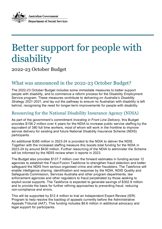 Better support for people with disability cover page