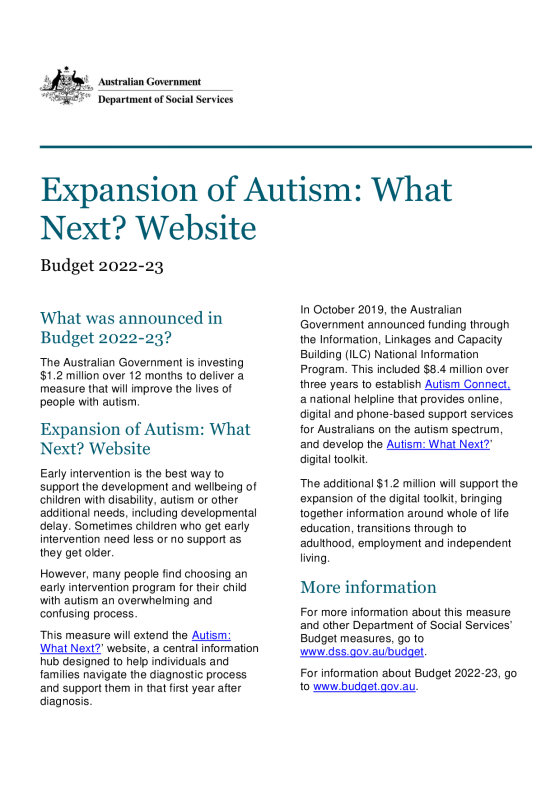 Expansion of Autism: What Next? website cover page
