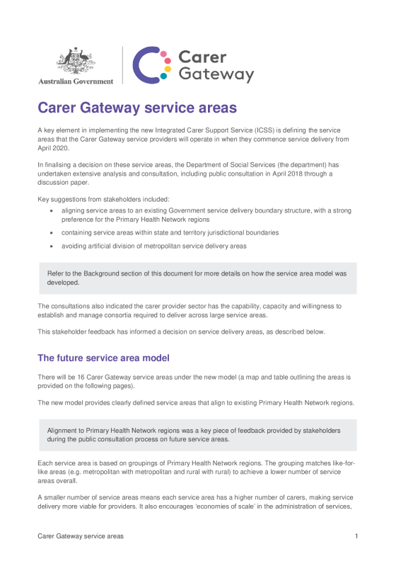 Carer Gateway service areas cover page