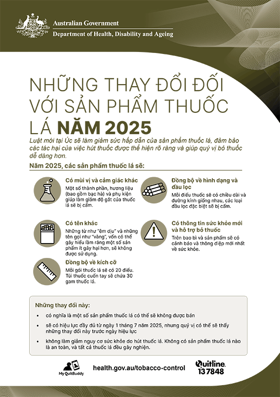 Áp phích này cung cấp thông tin về những thay đổi đối với các sản phẩm thuốc lá được bán tại Úc năm 2025.