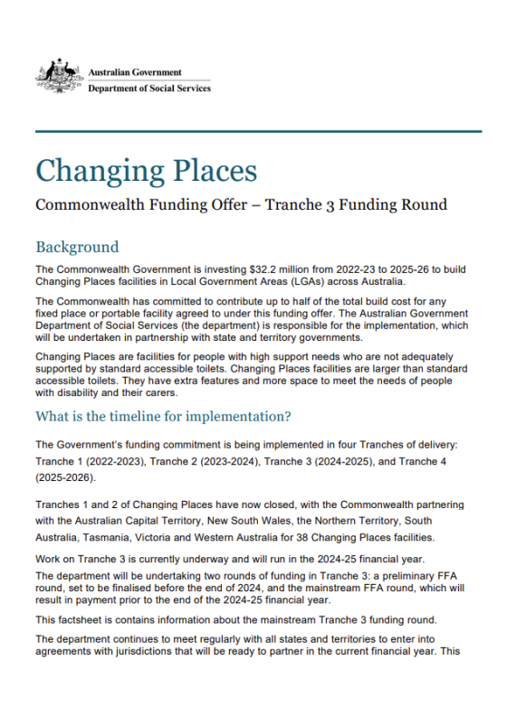 Changing Places – Commonwealth Funding Offer – Tranche 3 Funding Round cover page