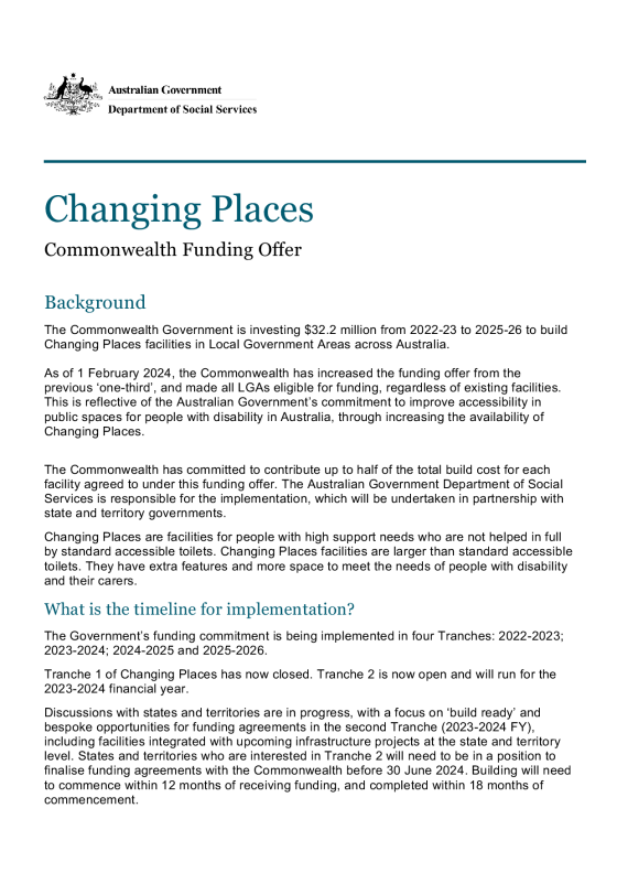 Changing Places Commonwealth Funding Offer – Fact sheet cover page