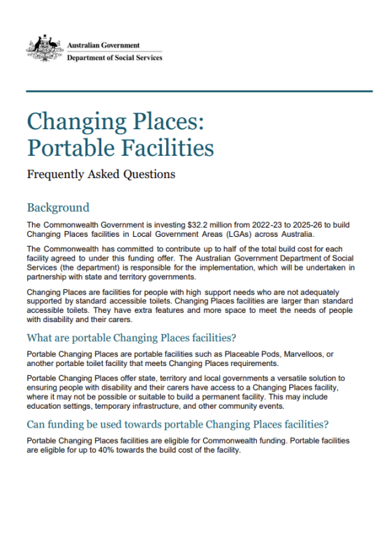 Changing Places: Portable Changing Places – Frequently Asked Questions (FAQ) Cover page