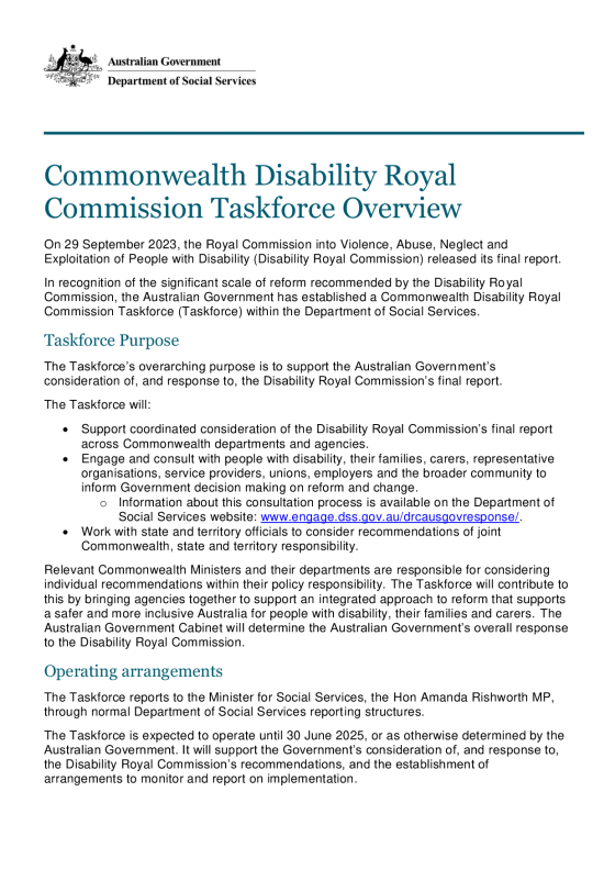 Commonwealth Disability Royal Commission Taskforce Overview