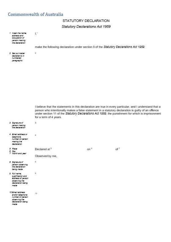 Statutory Declaration cover page
