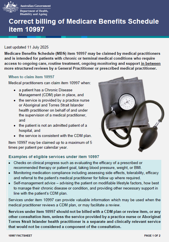 Correct billing of Medicare Benefits Schedule (MBS) item 10997 Cover page