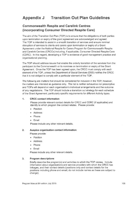 Appendix J – Transition Out Plan Guidelines cover page