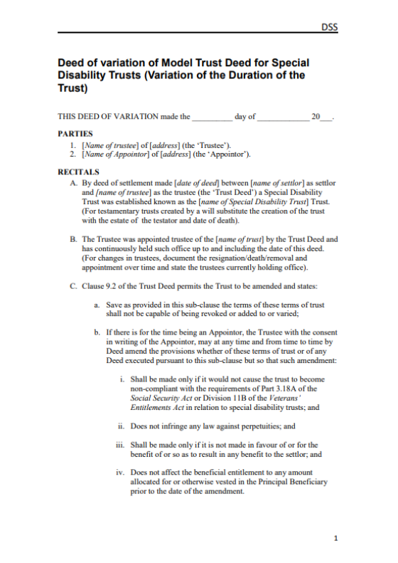 Deed of Variation of Special Disability Trust deed – Duration of Trust cover page