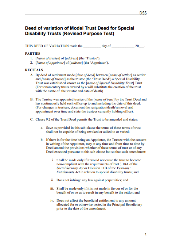 Deed of Variation of Special Disability Trust deed – Revised Purpose Test
