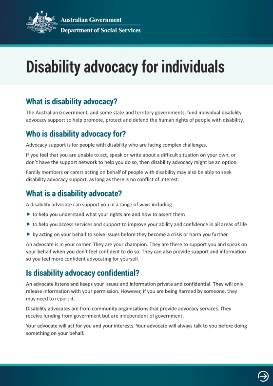 Disability advocacy for individuals fact sheet cover page