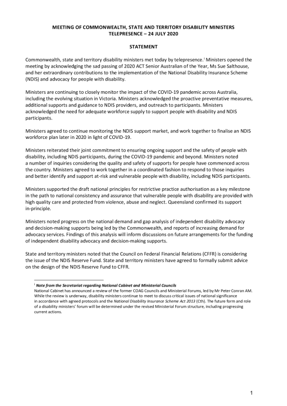Disability Ministers Meeting communique – 24 July 2020
