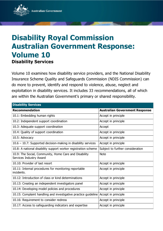 Disability Royal Commission Australian Government Response: Volume 10 – Disability Services cover page