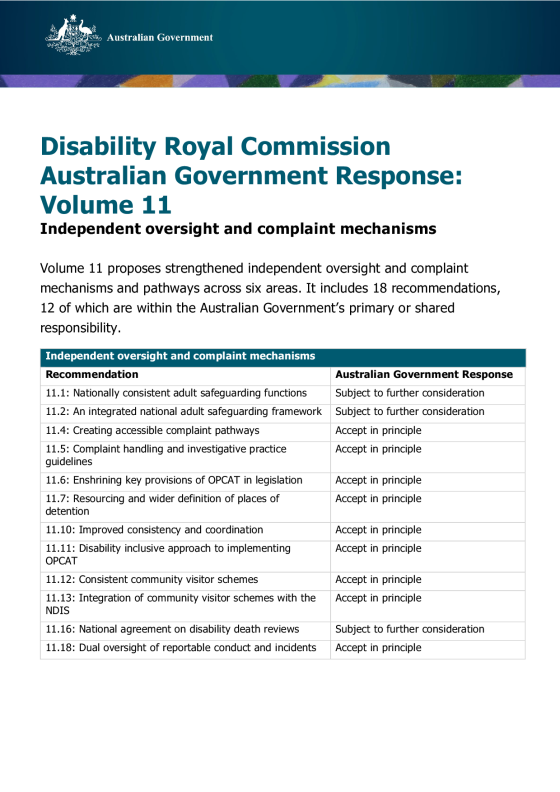 Disability Royal Commission Australian Government Response: Volume 11 – Independent oversight and complaint mechanisms cover image