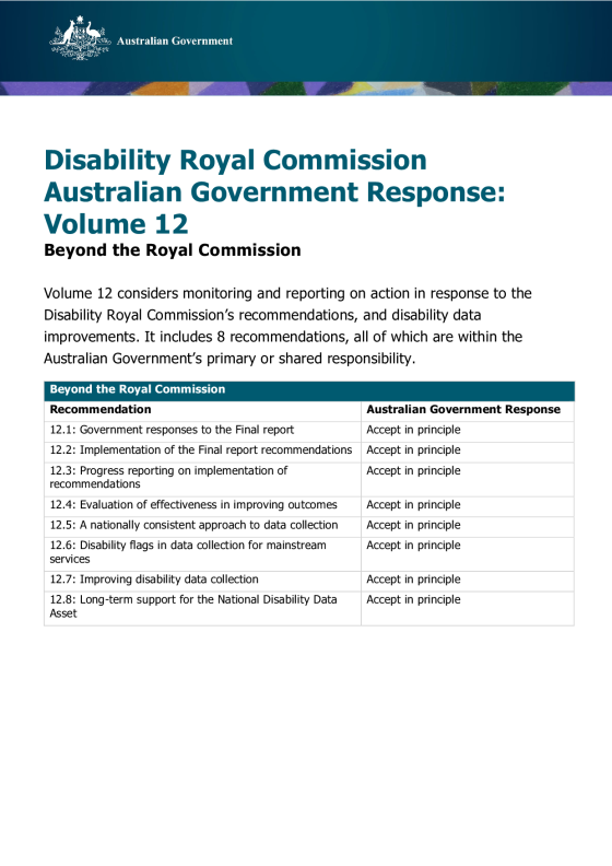 Disability Royal Commission Australian Government Response: Volume 12 – Beyond the Royal Commission cover page