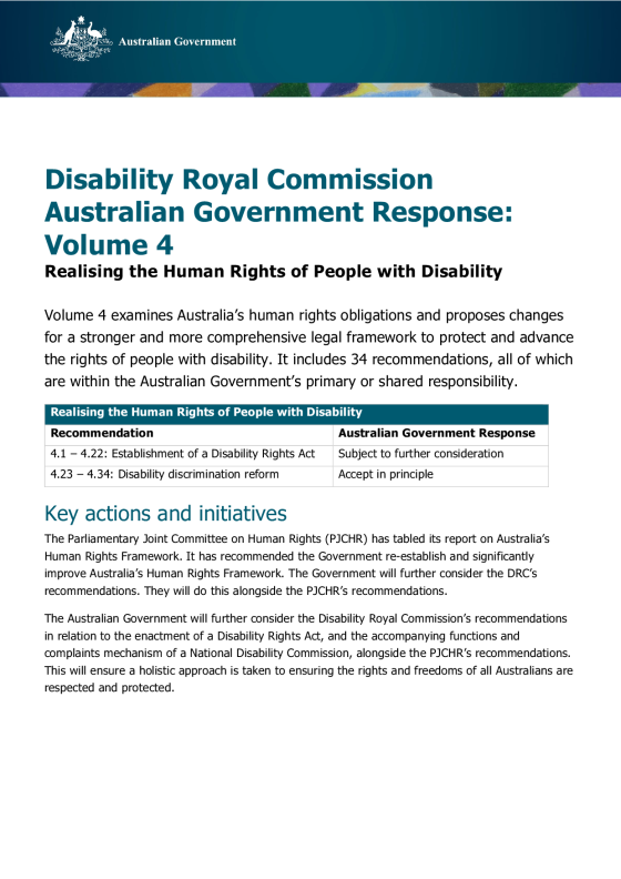 Disability Royal Commission Australian Government Response: Volume 4 – Realising the human rights of people with disability cover page