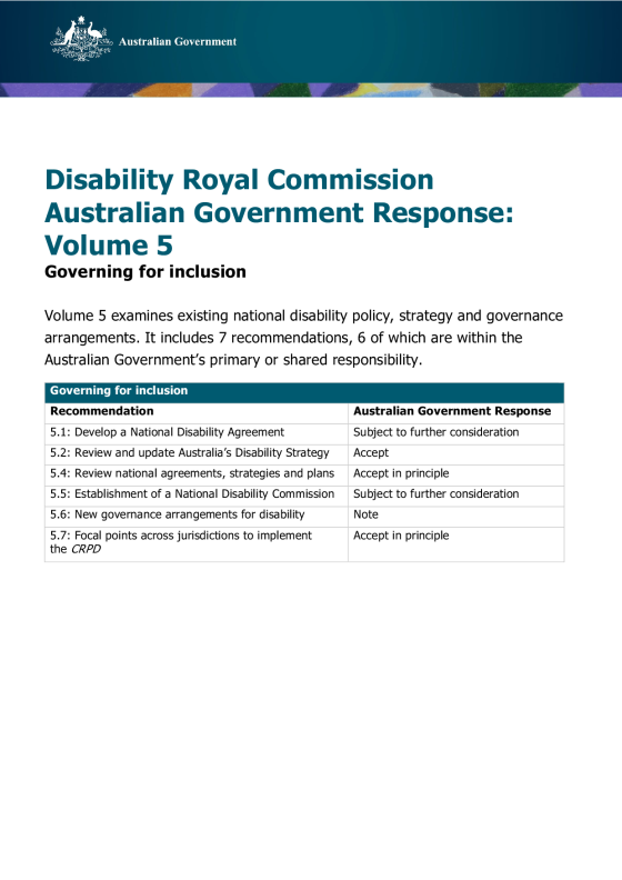 Disability Royal Commission Australian Government Response: Volume 5 – Governing for inclusion cover page