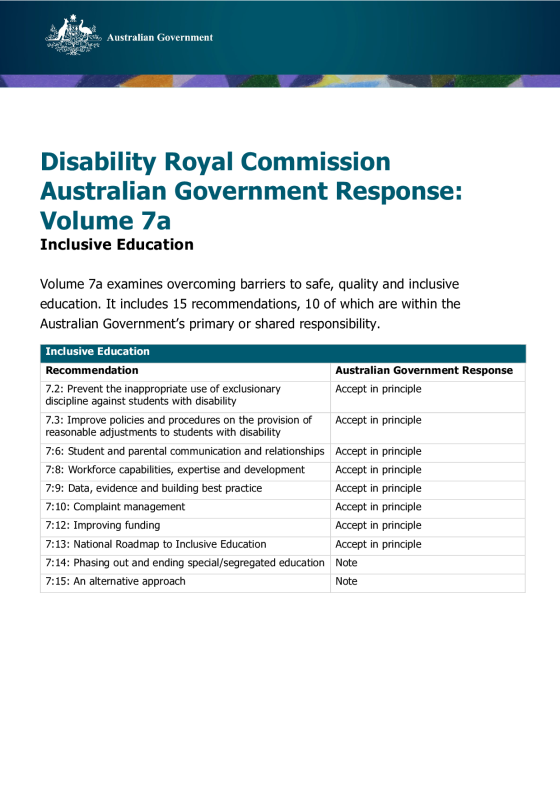 Disability Royal Commission Australian Government Response: Volume 7a – Inclusive Education cover page