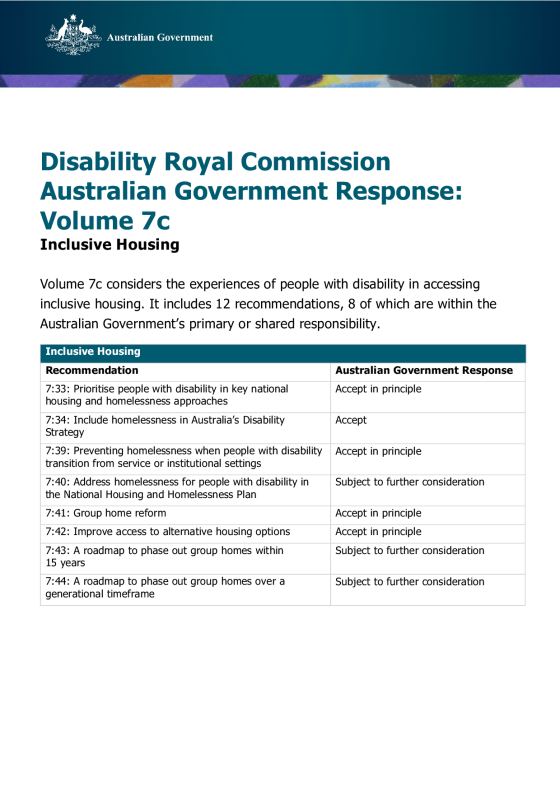 Disability Royal Commission Australian Government Response: Volume 7c – Inclusive housing cover page