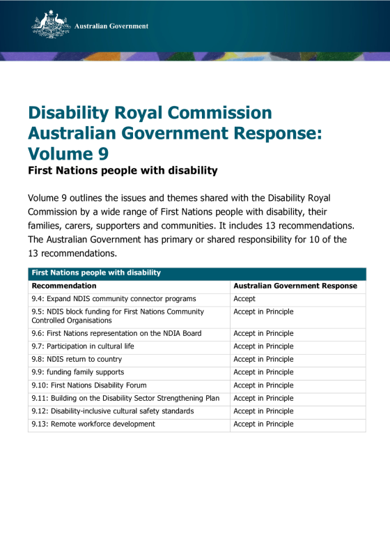 Disability Royal Commission Australian Government Response: Volume 9 – First Nations people with disability cover page