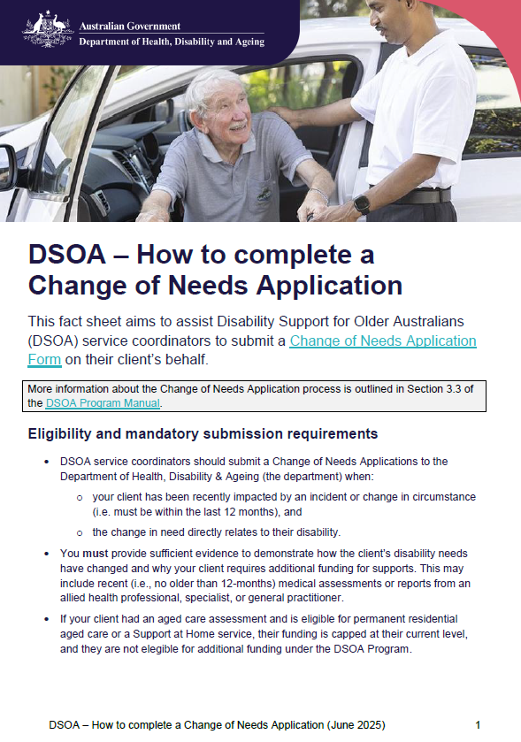 Disability Support for Older Australians Program – How to Complete a Change of Needs Application cover page