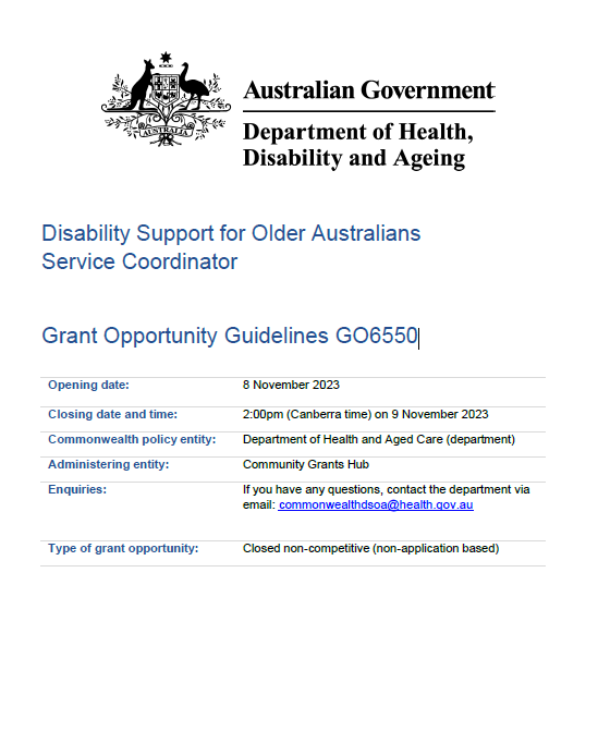 Disability Support for Older Australians Program – Service coordinator grant opportunity guidelines (GO6550) cover page
