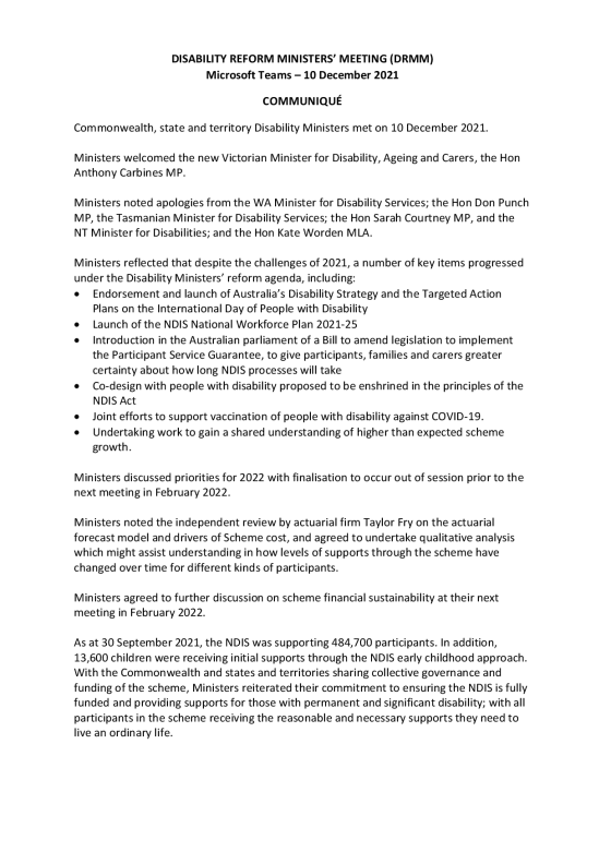 Disability Reform Ministers’ Meeting (DRMM) – Communique 10 December 2021 cover page