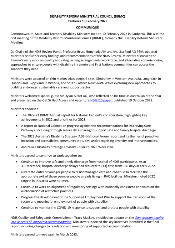 Disability Reform Ministers’ Meeting (DRMM) communique – 10 February 2023 cover page