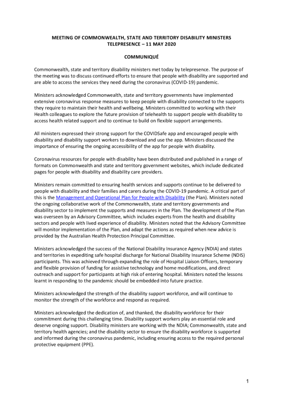 Disability Reform Ministers’ Meeting (DRMM) communique – 11 May 2020 cover page