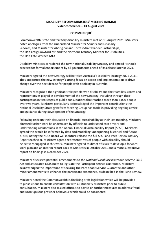 Disability Reform Ministers’ Meeting (DRMM) communique – 13 August 2021 cover page