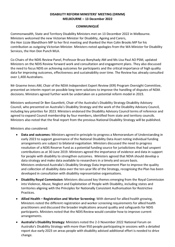 Disability Reform Ministers’ Meeting (DRMM) communique – 13 December 2022 cover page