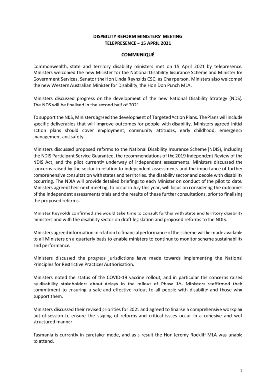 Disability Reform Ministers’ Meeting (DRMM) communique – 15 April 2021 cover page