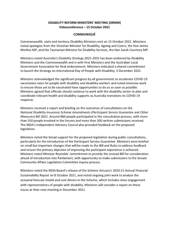 Disability Reform Ministers’ Meeting (DRMM) communique – 15 October 2021 cover page