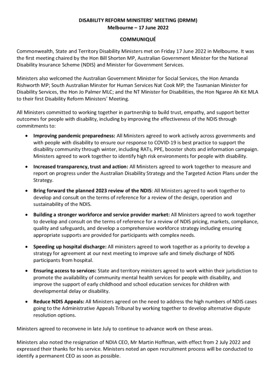 Disability Reform Ministers’ Meeting (DRMM) communique – 17 June 2022 cover page