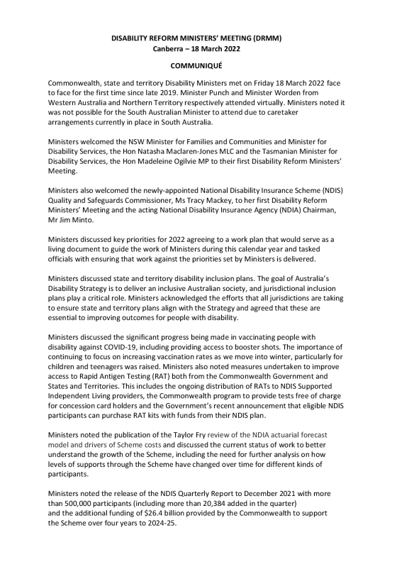 Disability Reform Ministers’ Meeting (DRMM) communique – 18 March 2022 cover page