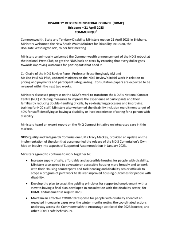 Disability Reform Ministers’ Meeting (DRMM) communique – 21 April 2023 cover page