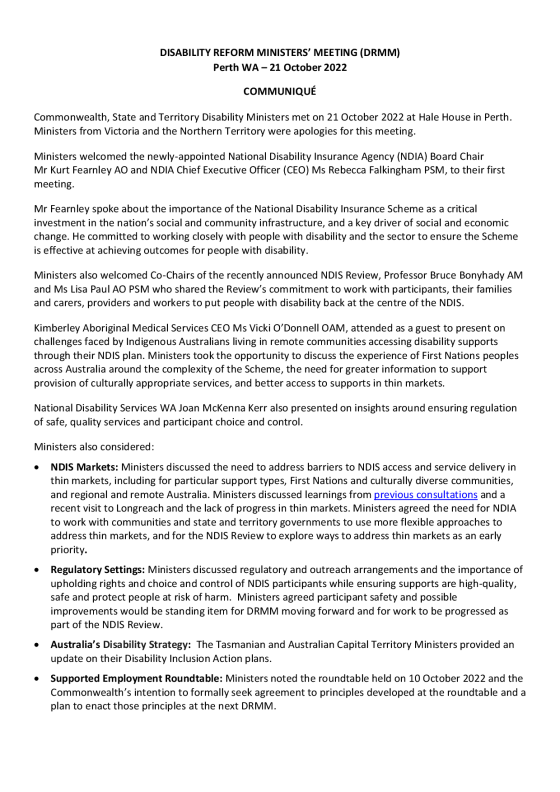 Disability Reform Ministers’ Meeting (DRMM) communique – 21 October 2022 cover page