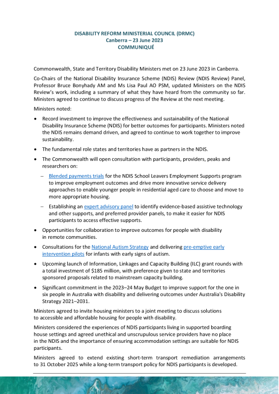 Disability Reform Ministers’ Meeting (DRMM) communique – 23 June 2023 cover page